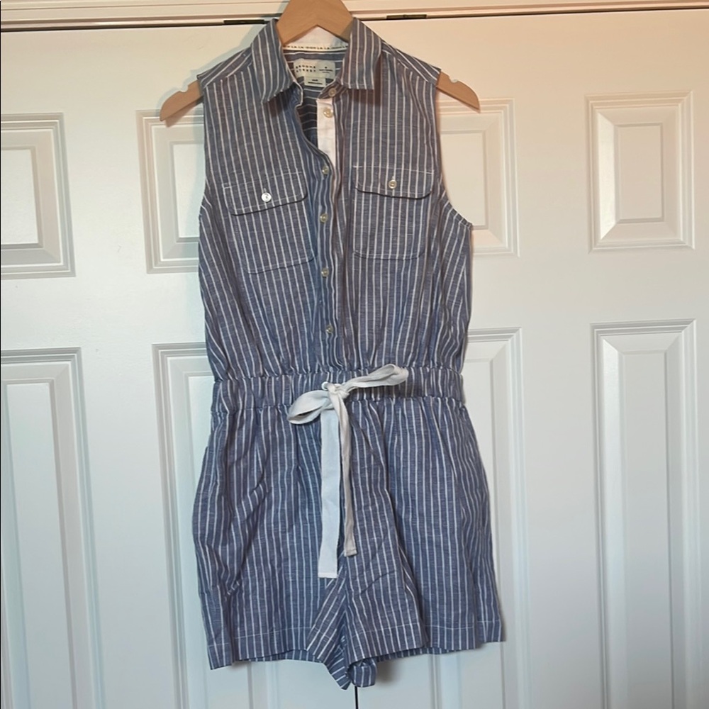 Kate Spade Linen Broom Street Blue Striped Sleeveless Romper